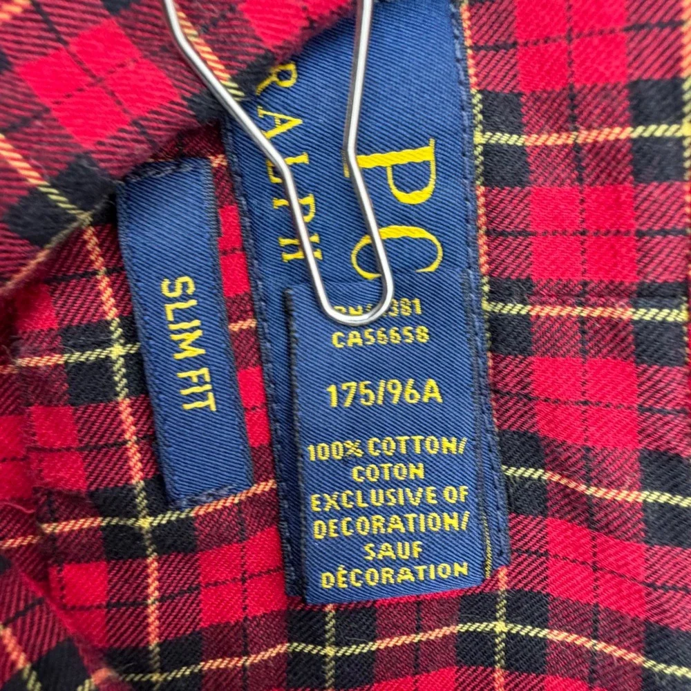 Polo Ralph Lauren Button Down Men Medium‎ Red Black Plaid Slim Fit Long Sleeve